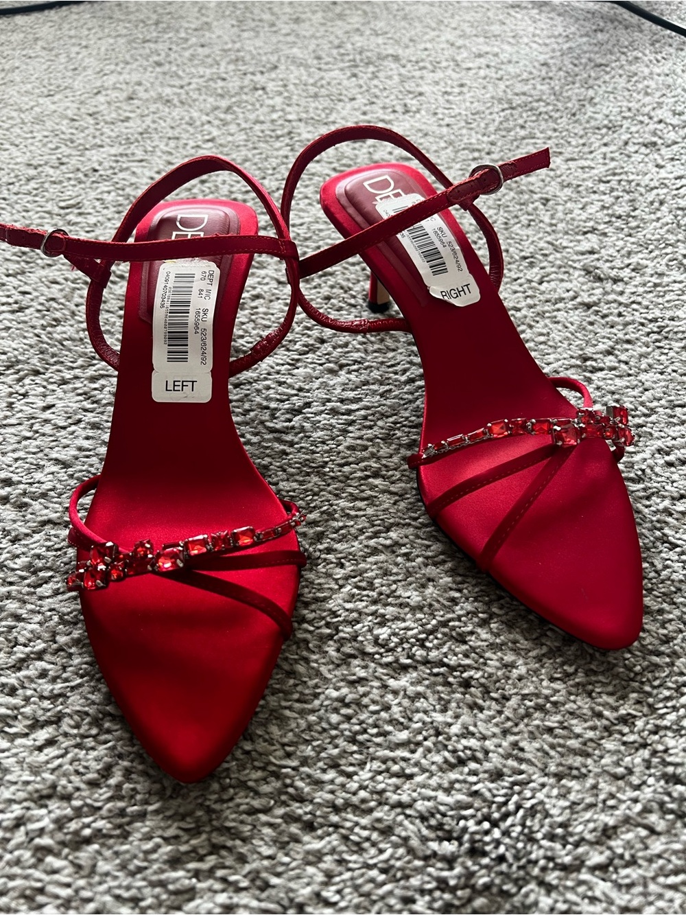Delta Red Satin Pointed-Toe Strappy Heels with Jeweled Band